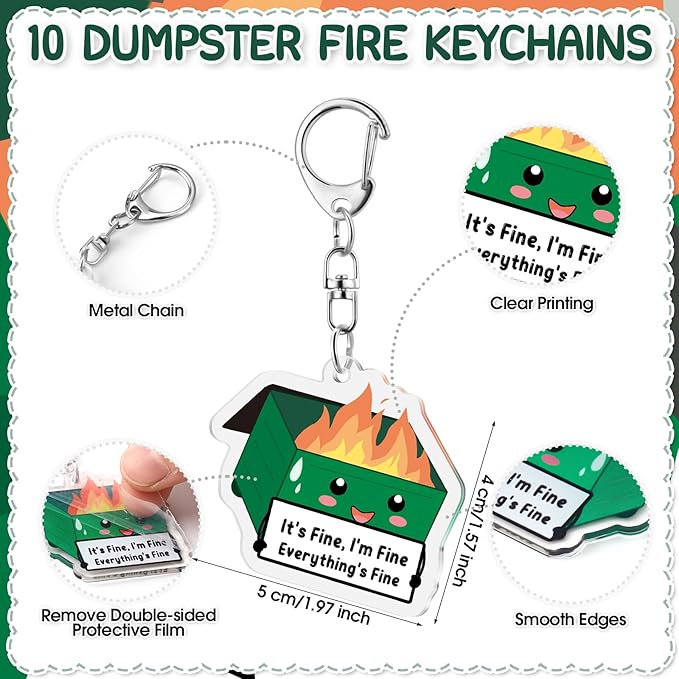 Sayglossy 10 Sets Dumpster Fire Pen Gifts for Coworker Positive Funny Pens Dumpster Fire Desk Accessories Acrylic Keychains Bookmarks Support Gifts for Team Coworker Teachers Boss Nurse