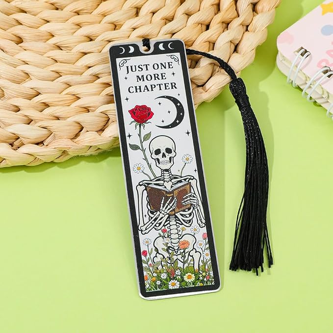 3Pcs Unique Skull Reader Bookmark - Metal Bookmark with Black Tassel, Star and Rose Pattern, Engraved “THE Reader” for Dark Gothic Lovers, Women Readers Fantasy Gift Gothic Gift (3PCS D)