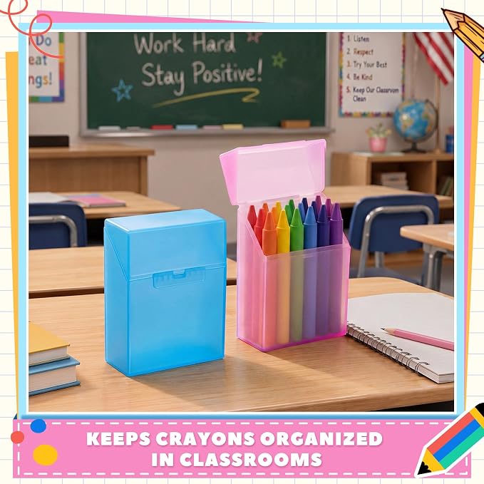 Clabby 4 Pcs Plastic Crayon Organizer Case for 24 Count Crayons Kids Art Supply Storage Box with Lid, Portable Holder for Classroom Home Travel, Fits Standard 24-Pack Crayon (Blue,Pink)