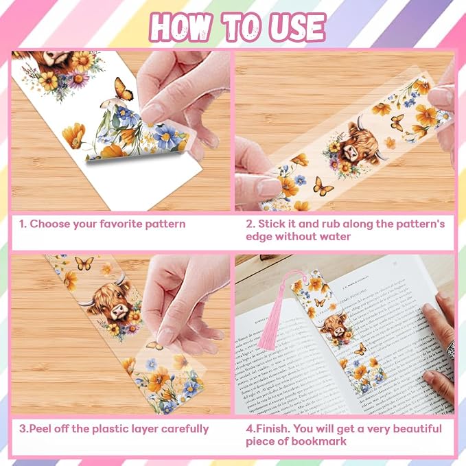 Peacoblue 30pcs UV DTF Bookmarks Transfer Stickers Wraps Highland Cow and Sunflowers for Women Men Reading, Waterproof Bookmarkers Decal(No Blank Bookmarks) for Acrylic Plastic Metal Blank Bookmark