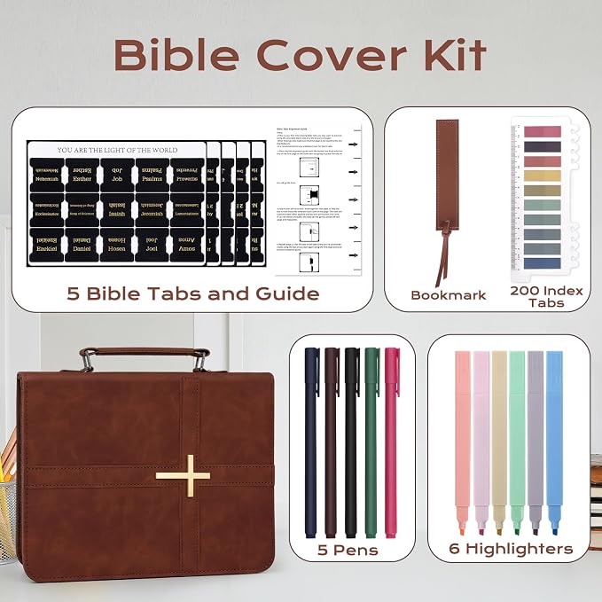 XKDOUS Bible Cover Case Leather Book Carrying Case Large Bible Bag Organizer with Cross, Handle, Pens, Tabs, Study Supplies Journaling Kit Father Day Christian Gifts for Dad, Mom, Men, Women