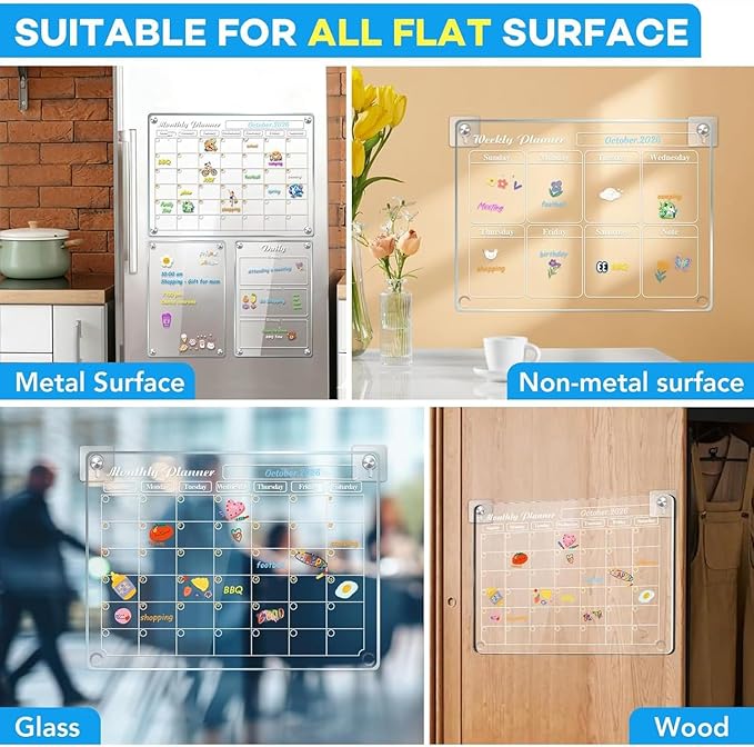 MIKEDE Magnetic Calendar for Refrigerator, 4 Pack Strong Magnets Dry Erase Board Set, 6 Colorful Markers, Acrylic Calendar for Fridge Family Planning Whiteboard Wall, Magnet Pen Holder
