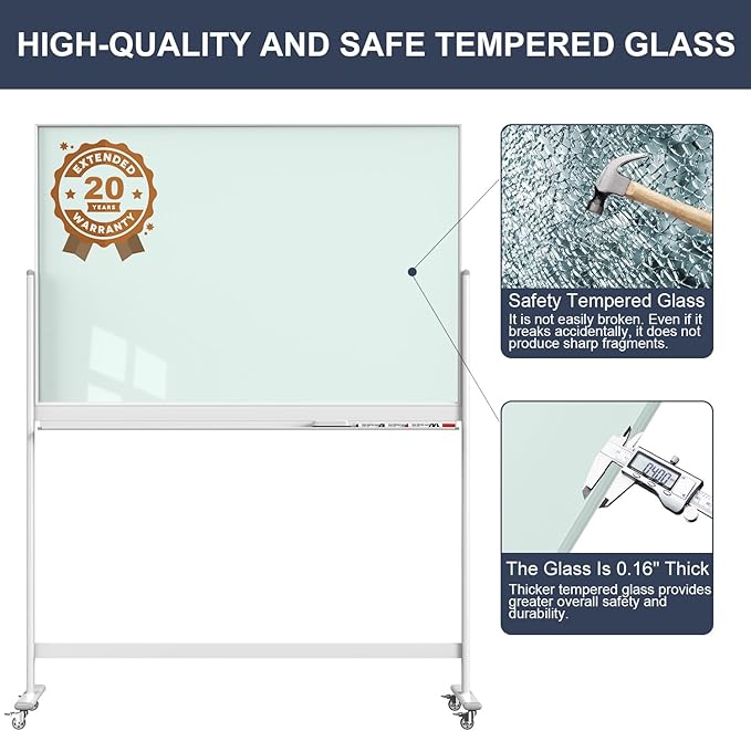 Tankee Rolling Whiteboard, 48x32 Inches Magnetic Glass Dry Erase Board with Stand, Standing White Board on Wheels, Large Glass Mobile Whiteboard for Office School Classroom Home Homeschooling