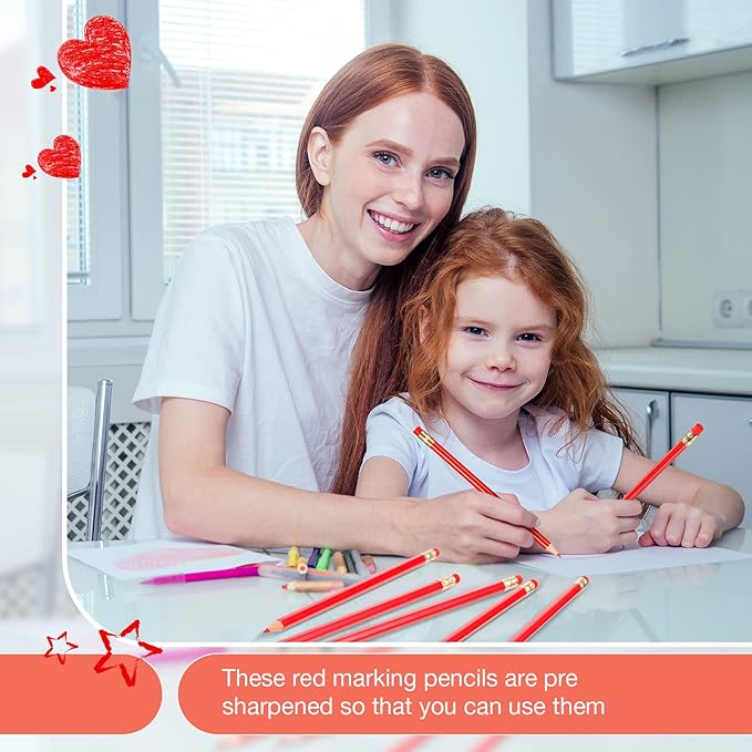 Sabary 24 Pcs Red Pencils with Eraser Pre Sharpened Red Pencil 2 HB for Checking Correcting Tests Grading Map Coloring Editing Office Favors