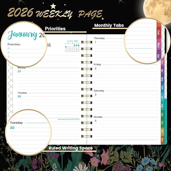 2026 Planner - 2026 Planner Weekly and Monthly, January 2026 - December 2026, 6.4" x 8.5", Hardcover 2026 Calendar Planner with Colorful Tabs, Inner Pocket, Thick Paper, Planner 2026 for Women & Men, Black