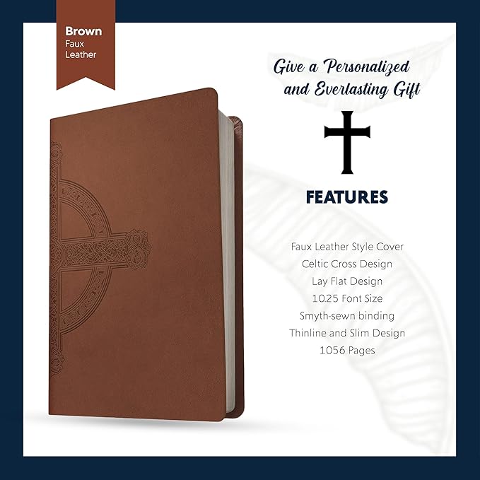 Personalized NLT Thinline Bible Faux Leather Large Print Size with Celtic Cross Design | Custom with Name, Date or Text | Gift for Religious Celebrations | Brown