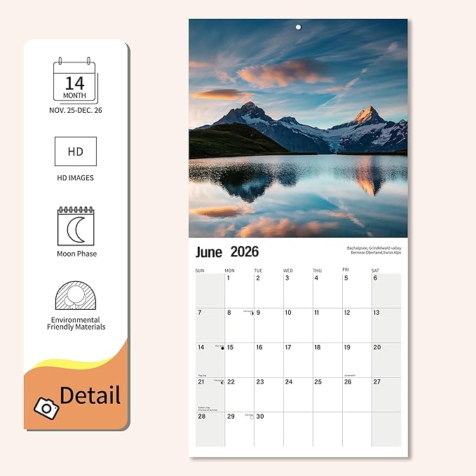 Wall Calendar 2026 Planner Calendar - Majestic Mountain Peaks Hangable Monthly Wall Calendar with Large Blocks for Organizing & Planning, Academic Schedule, Home, Office & family, Thick & Sturdy Paper (12"x24" Open)