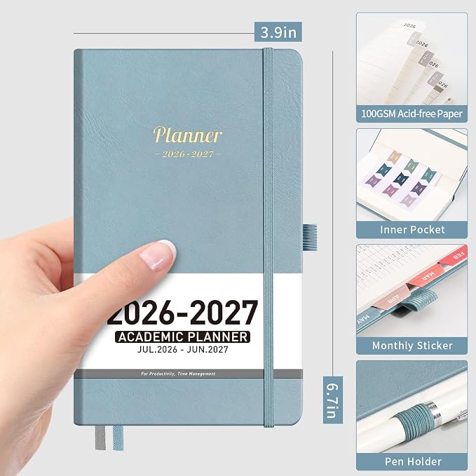 AHGXG Pocket Calendar 2026-2027, July 2026 - June 2027, Academic Planner, Weekly and Monthly, Small Size for Purse, Hardcover, 12-Month Tabs, for Women, School, 3.9"X 6.7" (Gray Blue)