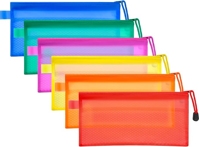 Bememo 12 Pcs Mesh Zipper Pouch Bags Pencil Pouch Zipper File Bags Waterproof Plastic Double Layer for Pen Cosmetics Office Supplies Travel Accessories 6 Colors