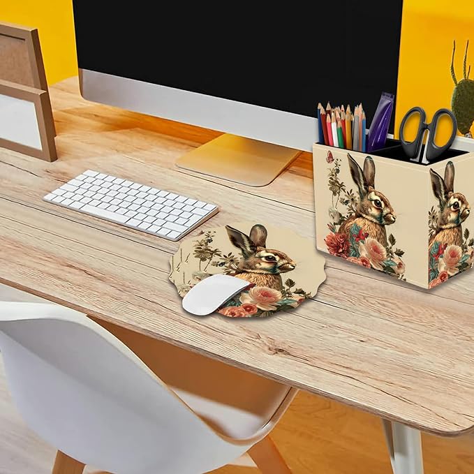 Pen Holder for Desk, PU Leather Multifunctional Desktop Storage Box and Anti-Slip Mouse Pad Set, Makeup Brush Holder Pen Organizer for Office and Home - Rabbit
