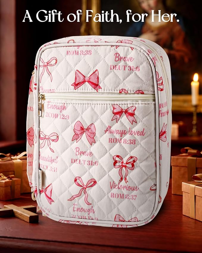 Miss Adola Bible Cover Case for Women - Quilted Bible Carrying Case Organizer Study Bag with Zipper Handle and Shoulder Strap Bows Book Cover for Teen Girls