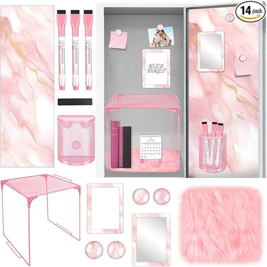 Pink Locker Accessories Kit Locker Organizer Magnetic Mirror Whiteboard Pen Holder Small Carpet for Storage Organizing Shelf Back to School Party Supply