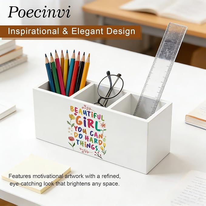 Boho Colorful Floral Inspirational Pen Holder for Home Office Desk, Beautiful Girl You Can Do Hard Things Motivational Wooden Box Sign Pencil Holder for Desk Shelf Organizer