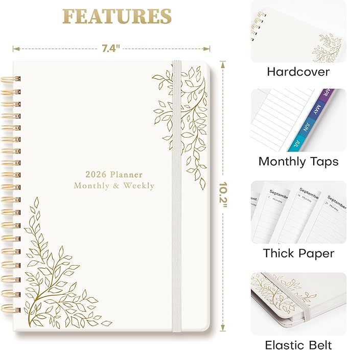 2026 Planner Weekly and Monthly, Jan.2026 - Dec.2026, Hardcover Calendar 2026 Agenda Daily Planner Book Spiral Notebook with Monthly Tabs, 7.4" x 10.2", Calm Vine