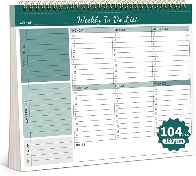 104 Pgs Weekly To Do List Notepad, 52 Duplex-Printed Undated Sheets 100 GSM（8.5"×11") Weekly Desk Planner For Work Home School Office Desk Accessories Supplies & Goal Setting Tasks - Green