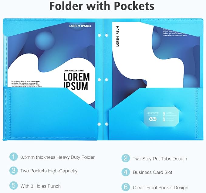 Heavy Duty Plastic Folder with Clear Front Pocket and 3 Holes- 18 Pack, Assorted Colors 3 Hole Punched Folder for 3 Ring Binders,2 Pocket Folders with Card Slot for Letter Size Paper