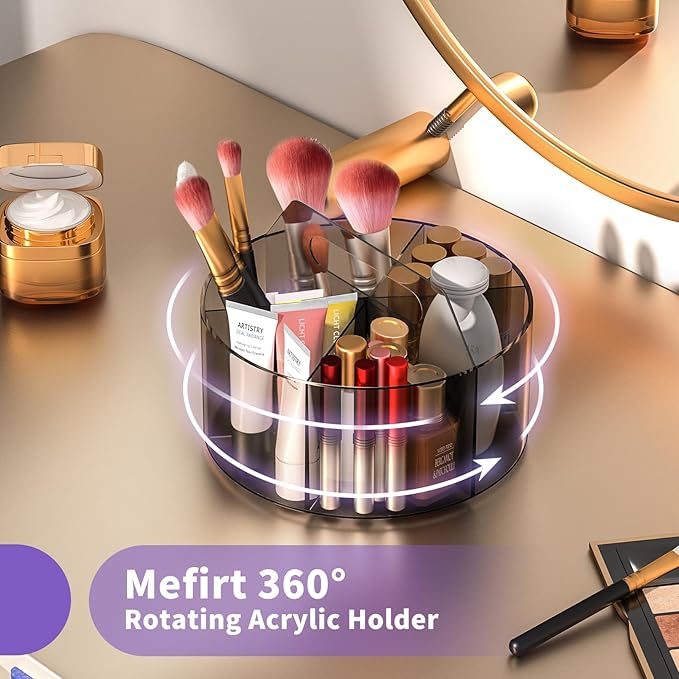 Mefirt Acrylic Pen Organizer, 360 Degree Rotating Desk Organizer with 6 Compartments Crayon Holder for Office, School, Home, Art Supply, Grey