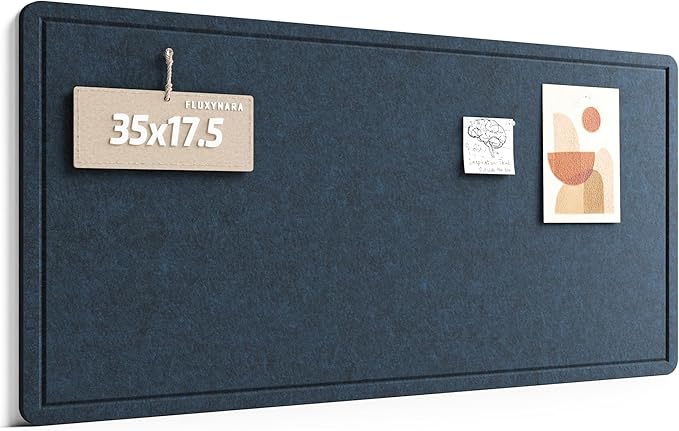 Fluxynara Bulletin Board, 35" x 17.5" Cork Board Alternative with 12 Safe Removable Adhesive Tabs, Foldable Felt Pin Board for Home Office, Classroom, Bedroom,Entryway for Walls—Carbon Blue