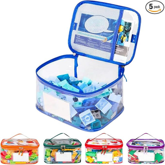 5 Pack Clear Toy Storage Bags, Toy Organizers and Storage with Labels and Manual Pocket, Suitable for Storing Puzzles, Stationery, Building Blocks (5 Packs Colorful Size L(L: 9.5 * 7 * 5.7Inch))