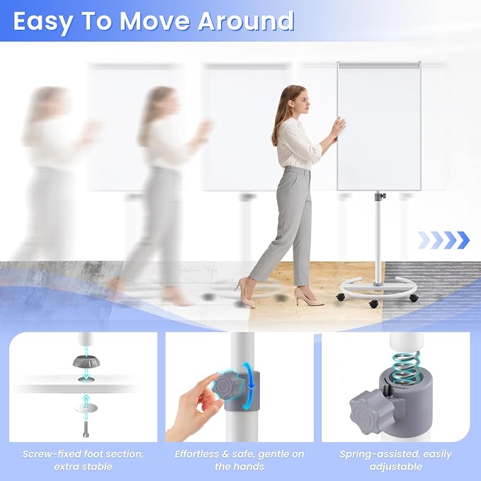 MAKELLO Rolling Whiteboard, Height Adjustable Dry Erase Board on Wheels, Mobile White Board for Office School Classroom Home Restaurant, Aluminum Frame, 40x26 in