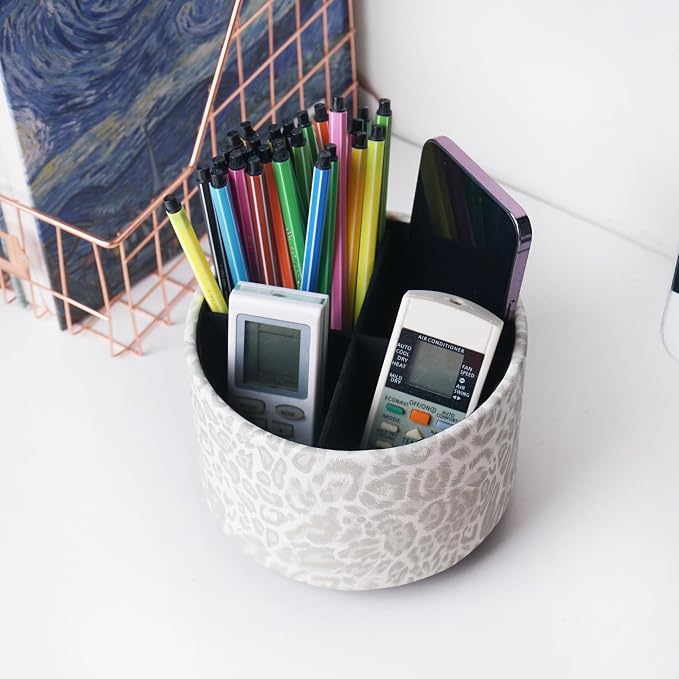 Round Leather Art Supply Organizer,Remote Control Holder,360 Degree Rotating,Multi-Functional Pencil Holder,4 Compartments Desktop Stationary Organizer(1-Leopard White)