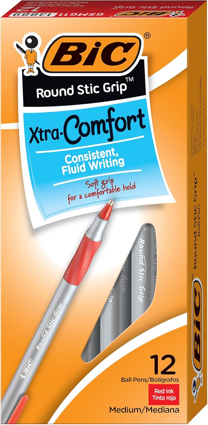 BIC Round Stic Grip Xtra Comfort Red Ballpoint Pens, Medium Point (1.2mm), Excellent Writing Pens With Soft Grip for Superb Comfort and Control 12 Count (Pack of 2)