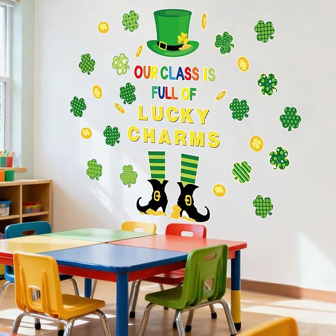 FYSUIMU St. Patrick' s Day Classroom Door Decoration Bulletin Board Set Lucky Clover Shamrock Gold Coin Paper Cutouts for School Classroom Chalkboard Wall Door Welcome Decor
