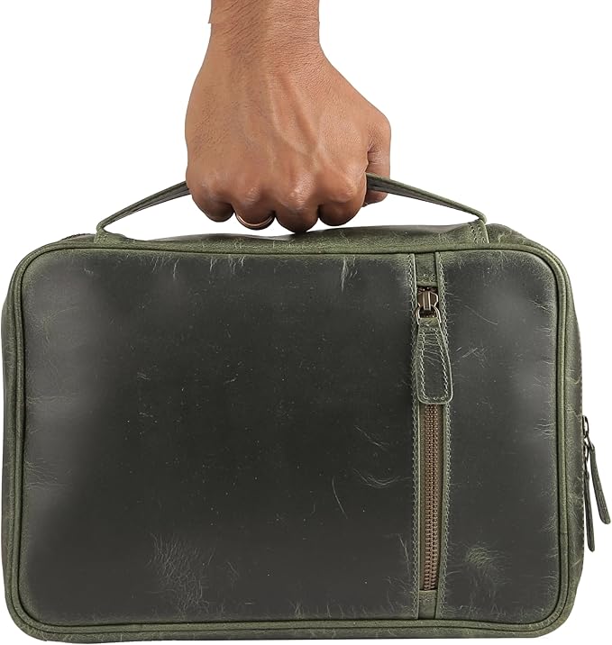 Leather Bible Cover for Men & Women – Zippered Bible Case with Handle, Note & Pen Organizer – Fits Large Study Bible – 11.5x8.5 Inch (Green)