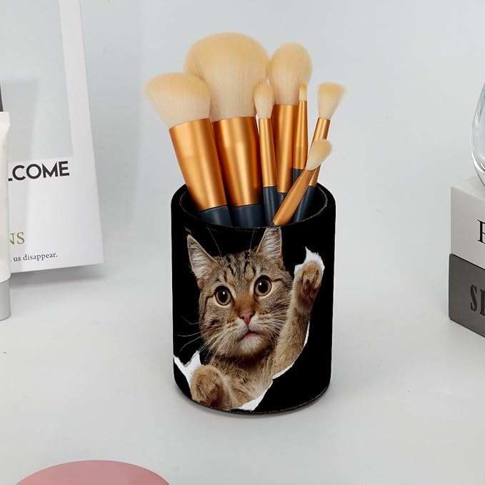 Leather Pen Holder for Desk, Cat Makeup Brushes Holder Pencil Cup Multifunctional Desktop Organizer Caddy for Home School Office Desk Accessories