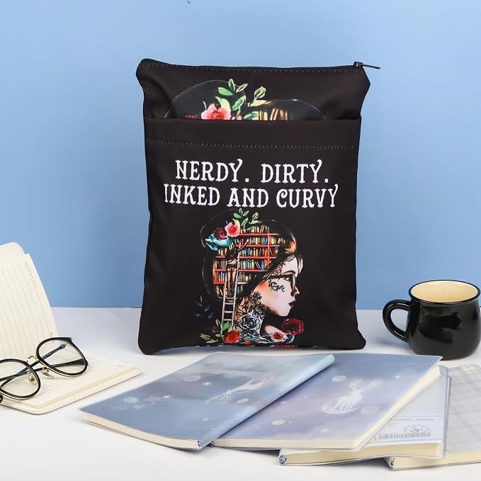 KEYCHIN Reading Lover Book Sleeve Book Club Librarian Gifts Nerdy Dirty Inked and Curvy Book Cover Book Lover Gifts Book Covers for Paperback (Nerdy Dirty-Black)