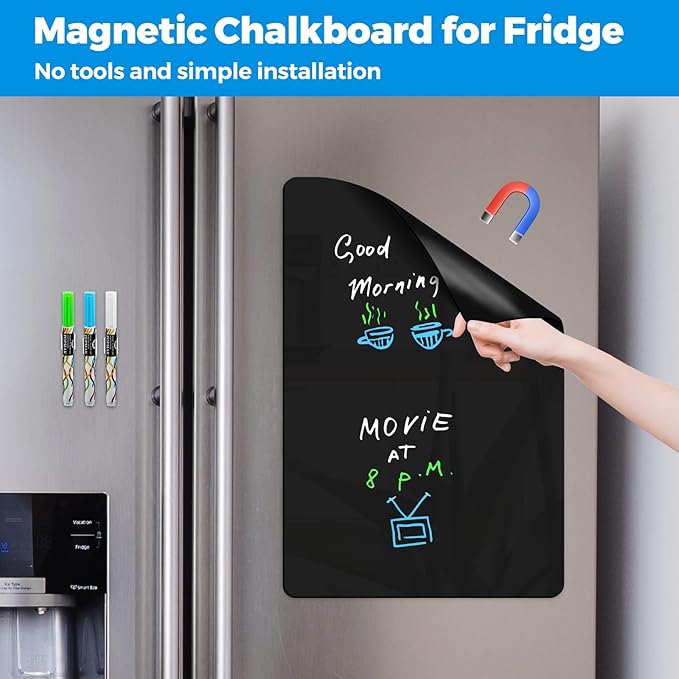 CUHIOY Magnetic Black Dry Erase Board for Fridge 17x11'', Small Whiteboard Kitchen Refrigerator Magnet Black White Board for Grocery List and to Do List，3 Liquid Chalkboard Marker Pens and 1 Eraser