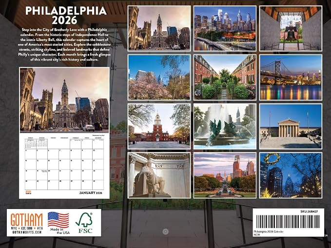 Philadelphia Calendar 2026 Wall 12 Month Monthly PA Scenic Souvenirs Philadelphian Themed Gifts | American Made In The USA
