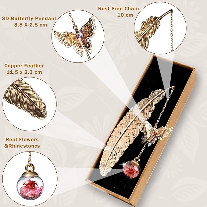 Teacher Appreciation Gifts for Women - Metal Feather Bookmark with 3D Butterfly Charm – Mother’s Day Gifts for Mom, Thank You Gifts, Book Lover Gift Under 10 Dollars, Gift Box Included