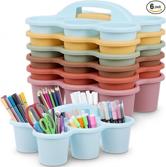 Plastic Caddy with Handle Set of 6 Classroom Caddy Organizer Cup Caddies Water Bottle Storage Crayon Caddies Plastic Cup Holder Drink Carrier for School Home Office Supplies(Groovy)