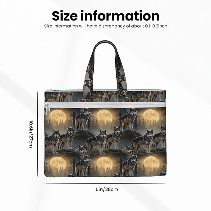 Double Pocket Canvas Zipper Pouch File Bag Full Moon Wild Wolf Art, Waterproof Document Briefcase with Handle for Travel Office