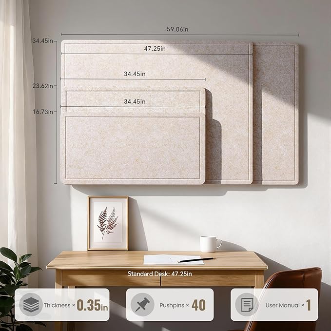 Large Bulletin Board, 35 X 24 Inches Felt Cork Board with 40 Pushpins, Foldable Felt Notice Pin Board Photo Display Board with Self-Adhesive Tape for Office Home School (Oatmeal, 35x24 inch)