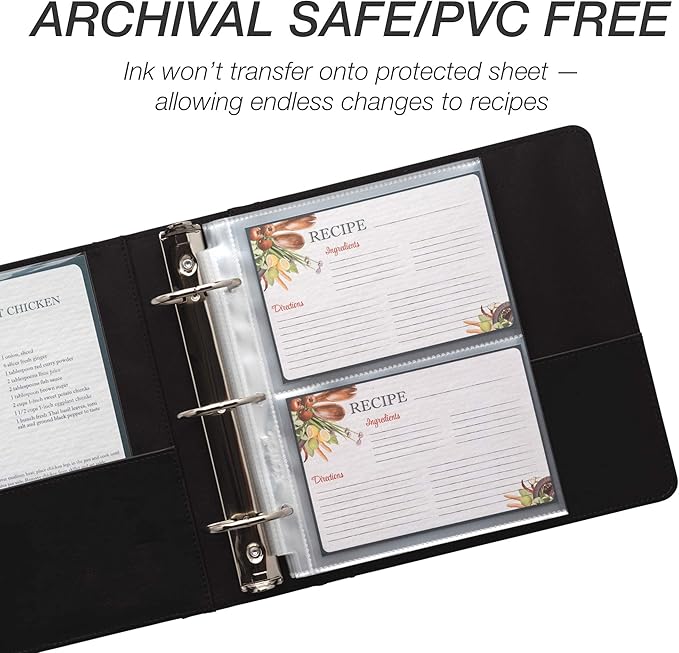 Samsill 4x6 Recipe Card Protectors, Splatter Proof, 2-4 Recipe Cards Per Sheet, Fits 8" x 9" - 3 Ring Binders, 25 Pack