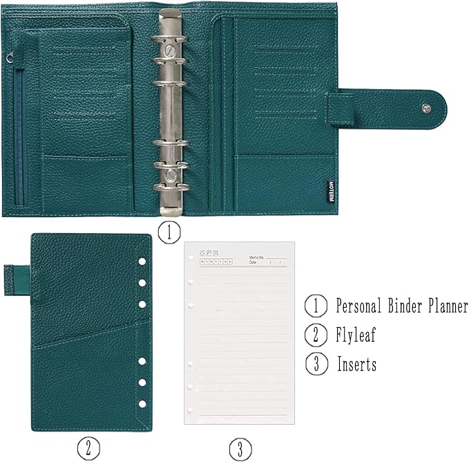 Moterm Personal Luxe Rings Planner - Genuine Leather Binder Organizer (30mm Ring, Pebbled-Deep Teal)