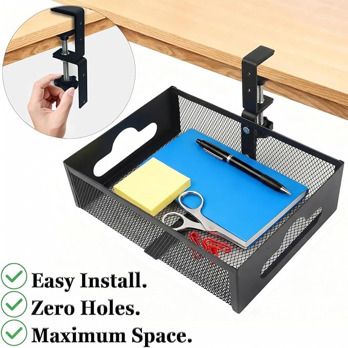 Under Desk Organizer 360° Swivel,under Desk Drawer, Clamp-On No Drill Installation,Sturdy Mesh Storage Drawer for Office,Drawing Room and Kitchen Room,Art Supplies and More(Without Cup Holder)