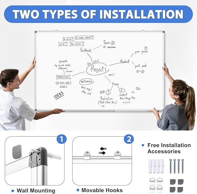 WALGLASS 2 Pack Large White Board, 72" x 40" Double-Sided Dry Erase Board Whiteboard for Wall, Hanging Mounted Whiteboard Silver Aluminium Frame for Home, School, Office