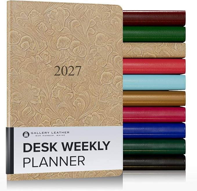 Gallery Leather Desk Weekly Monthly Planner 2027, Elegantly Bound Calendar Planner and Notebook with Stylish Gold-Gilded Page Edges, 12 Months - Floral Latte - 8x5.5"