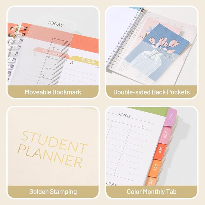 Student Planner 2026-2027, SUNEE Academic Weekly & Monthly Plan Book, Jul. 2026 - Jun. 2027, 6.5"×8.3" Middle & High School Planner, Lesson Plan Book with Week's Goals, Bookmark, Monthly Tabs, Beige