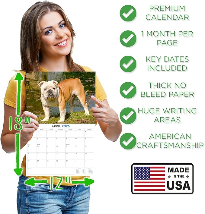 2025 2026 Bulldog Calendar - Dog Breed Monthly Wall Calendar - 12" x 18" Open - Thick No-Bleed Paper - Giftable - Academic Teacher's Planner Calendar Organizing & Planning - Made in USA