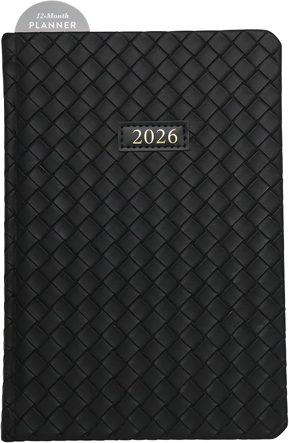 WORLD TRAVELER 2026 Planner - 6x8 Inch Weekly and Monthly Calendar Planner Agenda Book with Bookmark & Ribbon for School and Office, Size 6X8, Black Woven