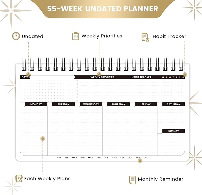 Weekly Planner - Undated Planner for Whole Year, Weekly To Do List, Planner Daily Weekly and Monthly, Goals Scheduled Planner with Habit Tracker, 55 Weeks, 6.3''x11.2''