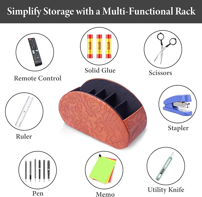 Remote Control Holder, PU Leather Remote Caddy Desktop Organizer with 5 Spacious Compartments for TV Remotes/Media Controllers/Office Supplies (1-Carved Brown