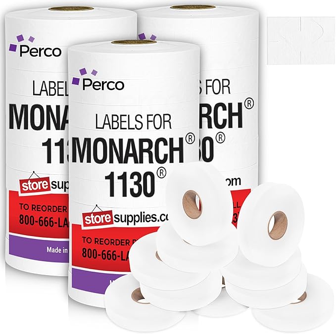 Perco White Pricing Labels for Monarch 1130 Pricing Gun, 3 Sleeves - 75,000 Price Gun Labels with Bonus Ink Rolls
