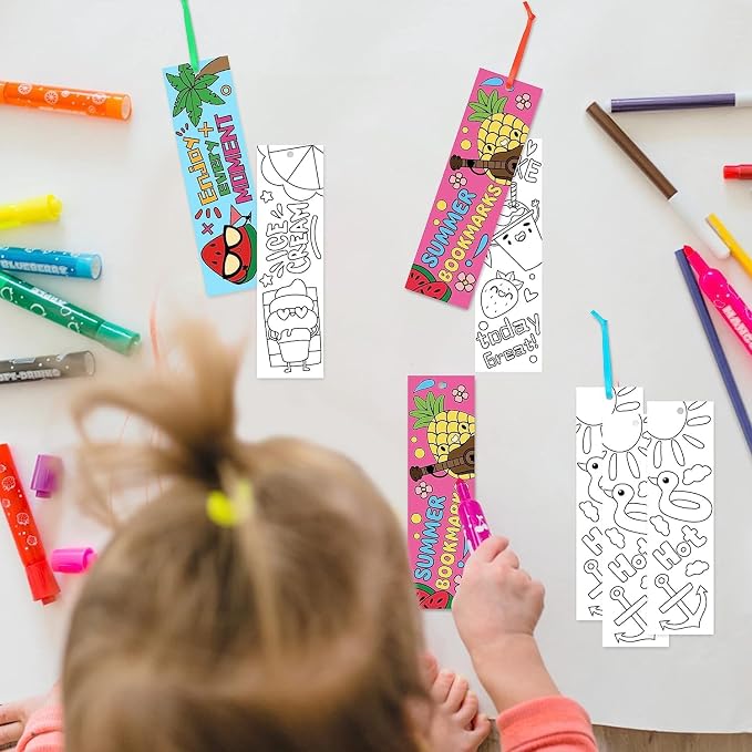 Haooryx Color Your Own Summer Bookmarks - 72Pcs Bulk Kids DIY Coloring Blank Bookmarks Summer Theme Book Marks for Teacher Student Classroom Rewards Supplies Paper Art Craft Kit Party Gift Bag Fillers