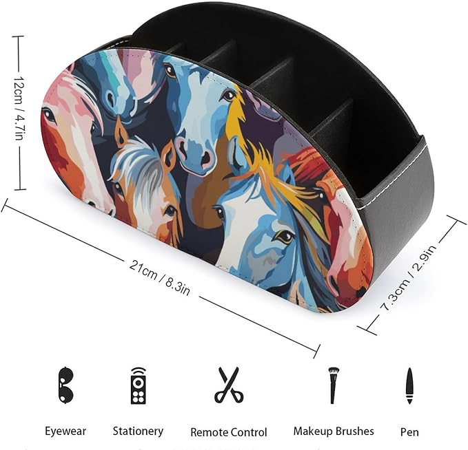 Colorful Cartoon Horses Remote Control Holder TV Remote Caddy with 5 Compartments PU Leather Storage Box Stylish Desk Organizer for TV/DVD/Accessories Desk Office Supplies Home