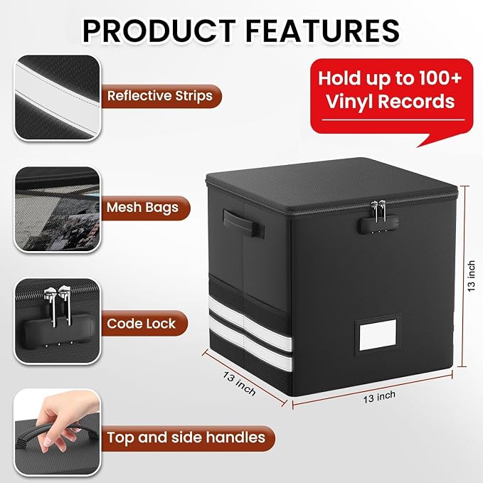Vinyl Record Storage Box with Lock, Fireproof & Water-Resistant Record Organizer for 100+ 12-inch Vinyl Albums, Collapsible Crate with Lid & Handles, 13"x13"x13" Record Case